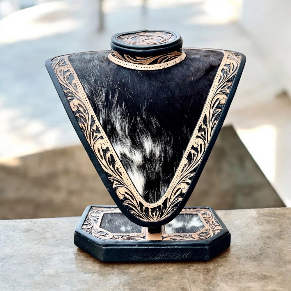 Hair on Hide, Real Cowhide, Real Leather, Black/Tan Decorative Necklace Stand